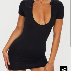 Pretty Little Thing black deep vneck bodycon dress